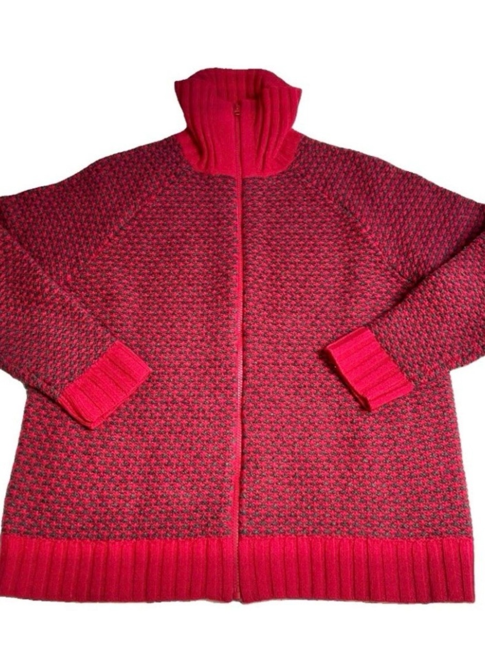 Woolrich Womens L 100% Lambs Wool Sweater Red Black Full Zip Mock Neck
